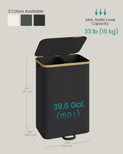 SONGMICS Laundry Hamper, Laundry Sorter with Lid, Storage Basket Bin, Removable Liners, Bamboo Frame, for Bedroom, 2 Sections, 39.6 Gal. (150 L), Ink Black ULCB532BH01