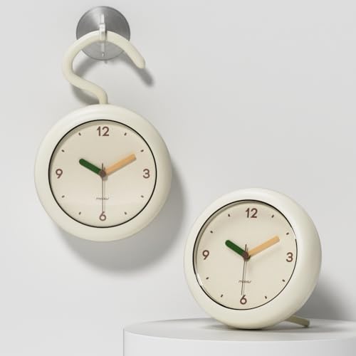 mooas Marshmallow Silent Bathroom Clock, Battery Operated (Ivory) | Silent Non-Ticking Bathroom Clock, Splash-Proof, Stand/Hook/Suction, Kitchen, Bathroom