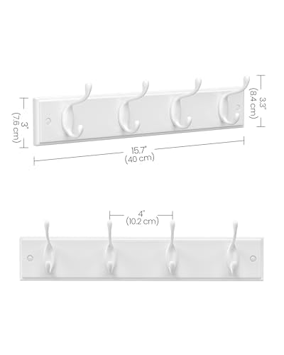 SONGMICS Wall-Mounted Coat Rack, Hook Rack, 4 Dual Metal Hooks, White | For Coats, Bags, Keys, in the Entryway, Bedroom, Living Room ULHR23WT