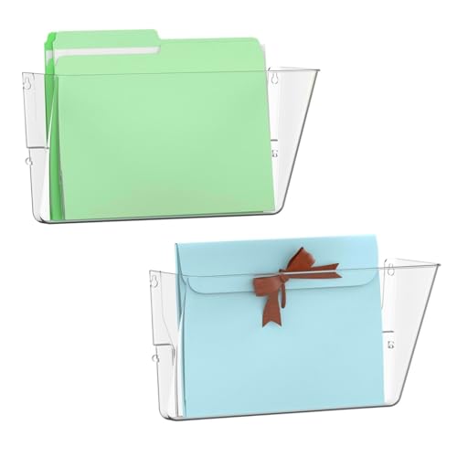 Gawerk Single Pocke Wall Mount File Holder Organizer (Clear, 2 Pack) | Acrylic Hanging Wall Organizer, Plastic Wall Mount Mails Magazines Organizer for Office and Home