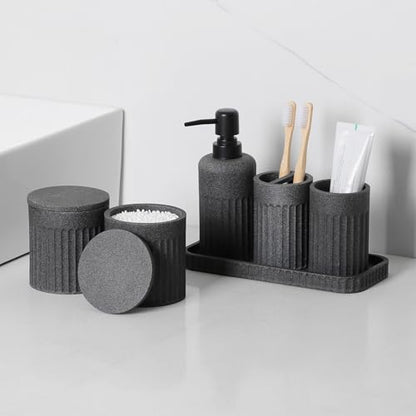 INIUNIK Bathroom Accessory Set, 6 Pieces, Dark Grey | Resin, Bathroom Accessories Set, Includes Soap Dispenser Set, Toothbrush Holders, Tumbler, Vanity Tray & 2 Qtip Holder