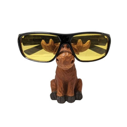 Wood-Cut Look Hand-Carved Moose Eyeglasses Holder Stand Rustic Decor | Whimsical spectacles eyewear glasses keeper display tray, cabin lodge country theme room desk table decoration, animal statue
