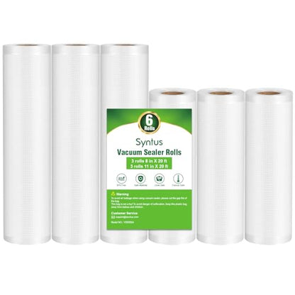 Syntus Vacuum Sealer Bags for Food, 3 Rolls 11" x 20' and 3 Rolls 8" x 20' | 6 Pack, BPA Free, Custom Size, Heave-duty, Durable, Sous Vide Cooking Freezer Microwave Safe, Works with All Vacuum Sealers