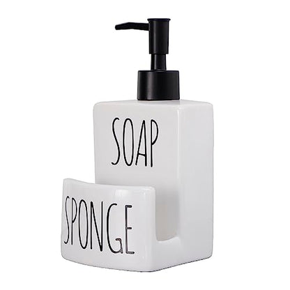 Ceramic Dish soap Dispenser with Sponge Holder Hand and Dish Soap Dispenser Set for Kitchen 2-in-1 Countertop Soap Pump Dispenser for Kitchen Sink, Useful Kitchen Gadgets - Modern Farmhouse White