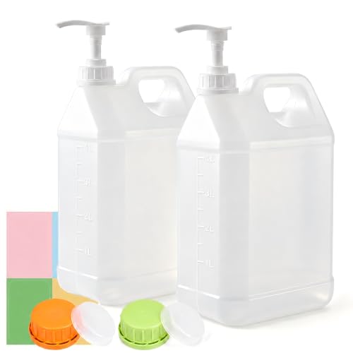 METAPACK 2 Pack 1 Gallon Jug with Pump, HDPE Plastic Laundry Detergent Container, Empty Square Jug for Liquid Soap, Oil, Sauces, Beverage, 4 Labels Included (Translucent)