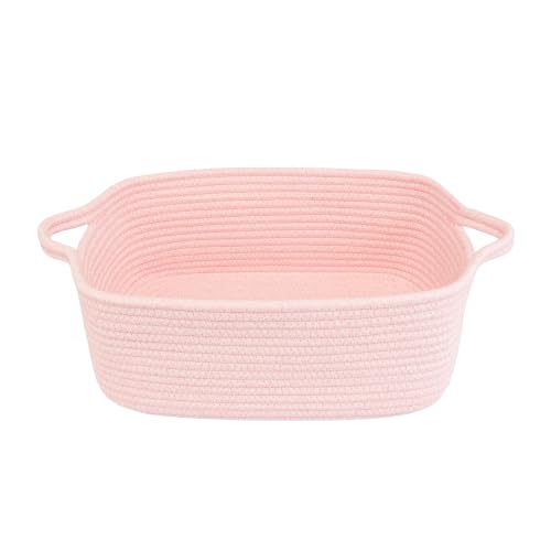XUANGUO Medium Woven Cotton Rope Storage Basket with Handles, Light Pink | Small decorative rectangle storage bin for baby nursery items and cat toys; ideal as an empty gift basket or dog toy basket