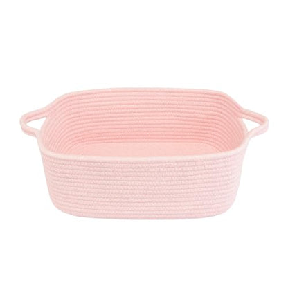 XUANGUO Medium Woven Cotton Rope Storage Basket with Handles, Light Pink | Small decorative rectangle storage bin for baby nursery items and cat toys; ideal as an empty gift basket or dog toy basket