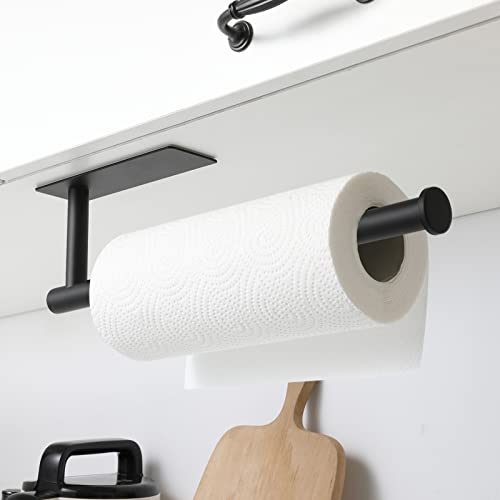 Under Cabinet Paper Towel Holder for Kitchen, Adhesive, Black | Wall Mounted Paper Towel Roll Rack for Bathroom or Kitchen, SUS304 Stainless Steel, Self-Adhesive or Screw Installation