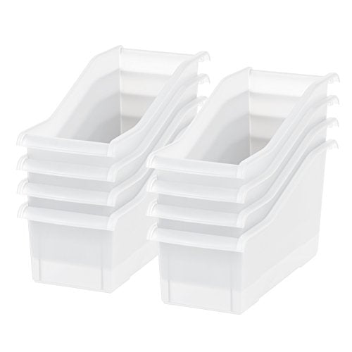 IRIS USA 8-Pack, Connecting Book Bin Organizer Magazine Holder, Clear | Organize books, magazines, notebooks, binders, and school supplies with vertical storage and connecting design