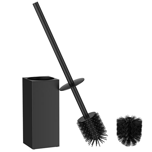 FORIOUS Toilet Brush and Holder Set with 2 Brush Head Square Medium Black | Heavy Duty 304 Stainless Steel Base, Silicone and Plastic Brush Heads, Long Handle for Deep Cleaning, Drip-Proof