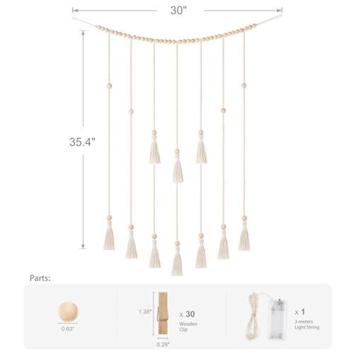 Mkono Hanging Photo Display, Boho Decor with String Lights, 30 Wood Clips | Ivory, Room Decor for Teen Girls, Macrame Wall Decor, Aesthetic Cards Artwork Holder, Bedroom Nursery Living Room Dorm