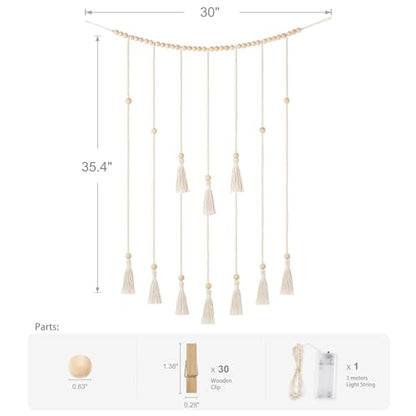 Mkono Hanging Photo Display, Boho Decor with String Lights, 30 Wood Clips | Ivory, Room Decor for Teen Girls, Macrame Wall Decor, Aesthetic Cards Artwork Holder, Bedroom Nursery Living Room Dorm