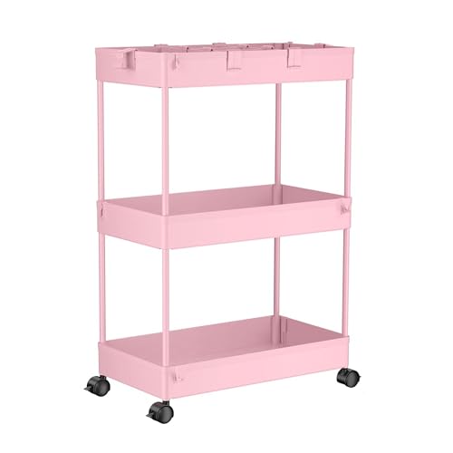 3 Tier Rolling Cart with Wheels, Storage Craft Art Trolley Organizer Serving, 3 Hanging Baskets Easy Assembly, for Office, Living Room, Kitchen, Pink