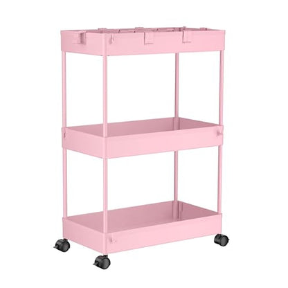 3 Tier Rolling Cart with Wheels, Storage Craft Art Trolley Organizer Serving, 3 Hanging Baskets Easy Assembly, for Office, Living Room, Kitchen, Pink