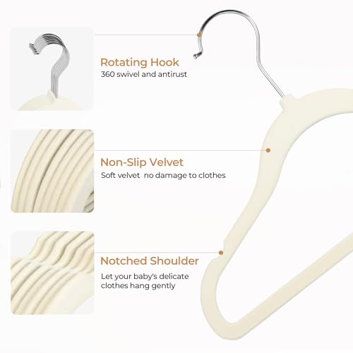 GoodtoU Velvet Baby Clothes Hangers 50 Pack 11.8 Inch Beige | Non-slip notched shoulder,anti-mark solid structure, space-saving design for baby, toddler, kids & children