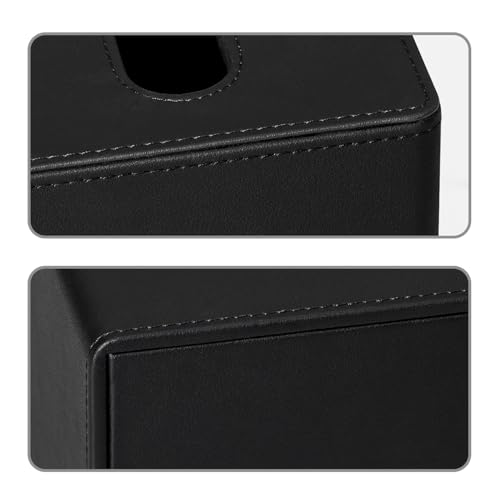 PU Leather Square Tissue Box Cover with Bottom, Black | Fits All Standard Cube Tissue Boxes, Modern Decorative Tissue Box Holder for Bathroom, Bedroom, Office, Living Room