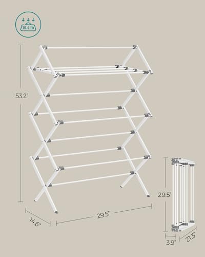 SONGMICS Foldable Clothes Drying Rack, Laundry Drying Rack, Clothes Airer, Steel Frame, 14.6 x 29.5 x 53.2 Inches, Easy Assembly, Indoor Outdoor Use, White ULLR770W01