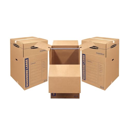Bankers Box 3-Pack Tall Wardrobe Moving Boxes, 24" x 24" x 40" | Move hanging clothes from closet to truck with wardrobe boxes that reduce folding, wrinkles, and repacking.