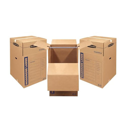 Bankers Box 3-Pack Tall Wardrobe Moving Boxes, 24" x 24" x 40" | Move hanging clothes from closet to truck with wardrobe boxes that reduce folding, wrinkles, and repacking.