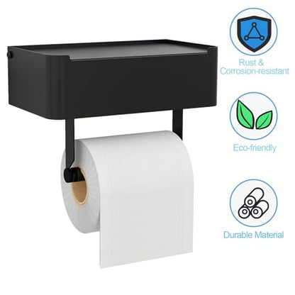 Toilet Paper Holder, Toilet Paper Holder with Shelf, Matte Black | Wall Mount, SUS304 Stainless Steel, Flushable Wipes Dispenser, Easy Installation, for Bathroom Wipe Storage