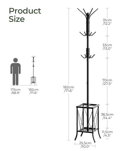 Coat Rack Freestanding, Coat Rack with Umbrella Holder, Entryway Hanger Stand with12 Hooks, Metal Hall Tree for Bags, Coats, Hats, Entryway, Hallway, Living Room, Bedroom, Office Black TYM01BB