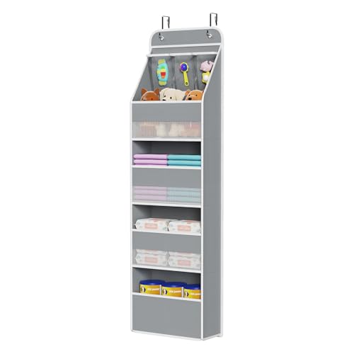 Univivi Fabric Over Door Hanging Organizer for Baby Nursery, Grey, 5-Shelf | Door Storage with Large Capacity Breathable Mesh Pockets, Closet Organizers and Storage for Baby Essential, Bedroom and Dorm