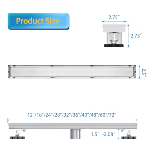 24"Linear Shower Drain Brushed Silver Drain with Tile Insert Grate | AISI 304 Stainless Steel Fast Drainage Rectangle Hidden Shower Trench,Detachable Hair Catcher Easy to install,Leveling Feet