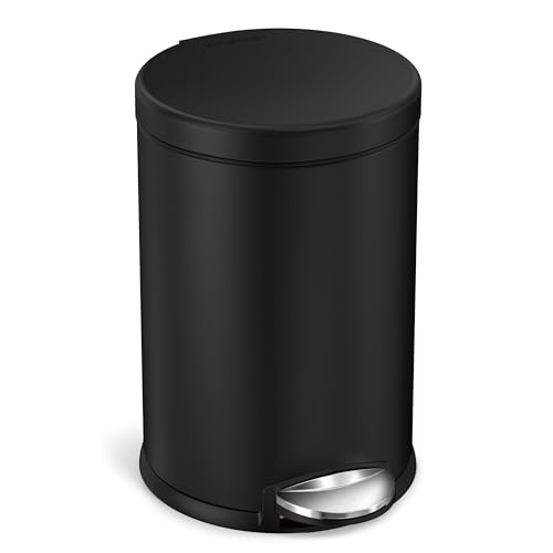 simplehuman Round Step Can, 4.5L / 1.2 Gallon Compact Bathroom Trash Can, 150,000-Step Pedal, Lid Shox® Silent Close, Removable Inner Bucket, Matte Black Steel