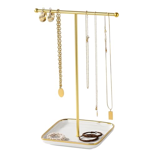 modern T-shaped jewelry rack, jewelry tower, gold metal, square ceramic base decoration display tower, necklace, bracelet, ring storage rack (1-layer ceramic disc)