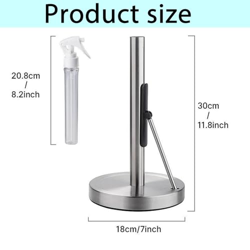 2-in-1 Standing Paper Towel Holder with Spray Bottle, Paper Towel Stand with Suction Base & Weighted Arm for Kitchen, Countertop, Stainless Steel Brushed Nickel Finish (Black)