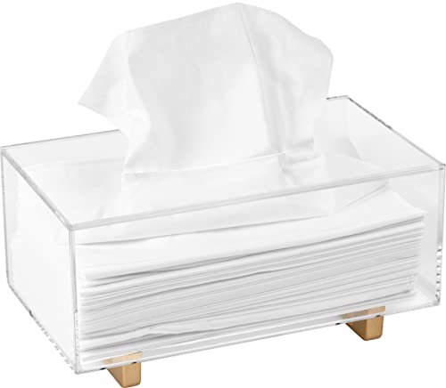 YoBa Thick Acrylic Tissue Box Holder Rectangular Clear Tissue Box Dispenser with Gold Plated Aluminum Legs for Bathroom, Kitchen, Bedroom, Office, Hotels and Restaurant