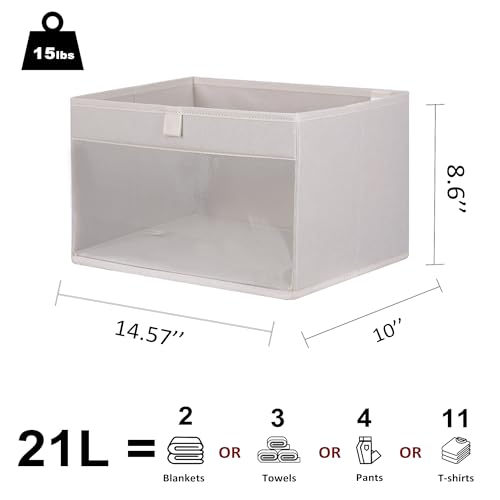 WUIKE Closet Storage Bins, Fabric Organizer Baskets with Clear Window and Handles, Foldable Storage for Shelves, Beige, Large, 3-Pack