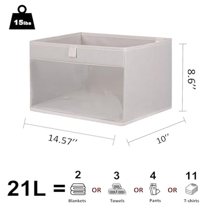 WUIKE Closet Storage Bins, Fabric Organizer Baskets with Clear Window and Handles, Foldable Storage for Shelves, Beige, Large, 3-Pack