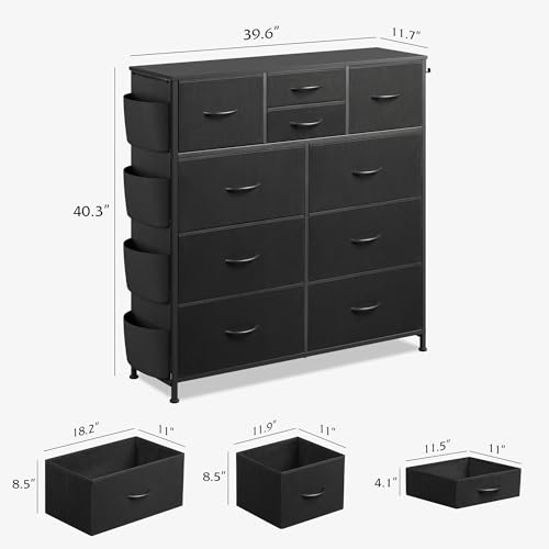WLIVE 10 Drawer Black Fabric Dresser for Bedroom, Side Pocket & Hooks Chest | Fabric chest of drawers, steel frame, side pockets & hooks. Sleek modern storage for bedroom, closet, living room.