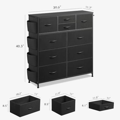 WLIVE 10 Drawer Black Fabric Dresser for Bedroom, Side Pocket & Hooks Chest | Fabric chest of drawers, steel frame, side pockets & hooks. Sleek modern storage for bedroom, closet, living room.