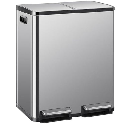 DUMOS Kitchen Trash Can, 2x8-Gallon Dual Trash Can with Lid, Stainless Steel Garbage Bin with 2 Removable Inner Buckets, Soft-Close Foot Pedal, Fingerprint-Resistant for Kitchen, Home, Office