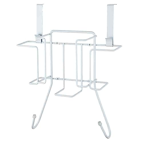 Sunbeam Laundry Room Metal Over the Door Hanging Ironing Board Holder and Organizer, Holds Standard Size Iron, Board, Spray Bottles, Starch, Fabric softener, White finish