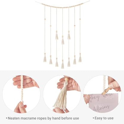 Mkono Hanging Photo Display, Boho Decor with String Lights, 30 Wood Clips | Ivory, Room Decor for Teen Girls, Macrame Wall Decor, Aesthetic Cards Artwork Holder, Bedroom Nursery Living Room Dorm