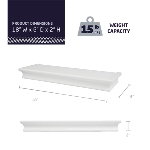 High & Mighty Floating Shelf, 18in x 6in x 2in, 1 Pack, White | Wood with white finish, 15lb capacity for photos, plants, or decor, Tool-free wall mounting with template and level
