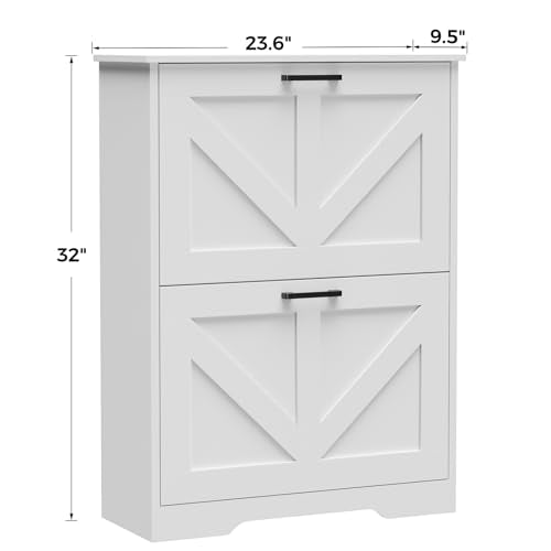 Farmhouse Shoe Cabinet for Entryway, 2 Barn-Style Flip Drawers | Narrow Shoe Storage Organizer, Top Display Shelf, Adjustable Shelves, Shoe Rack, for Hallway Closet, 24" Wide, White