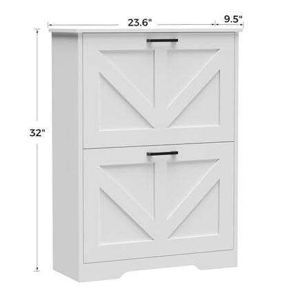 Farmhouse Shoe Cabinet for Entryway, 2 Barn-Style Flip Drawers | Narrow Shoe Storage Organizer, Top Display Shelf, Adjustable Shelves, Shoe Rack, for Hallway Closet, 24" Wide, White