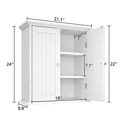 ChooChoo Bathroom Wall Cabinet with 2 Doors, Over The Toilet | 8.8"D x 21.1"W x 24"H, Medicine Cabinet, Adjustable Shelves, Cupboard, White