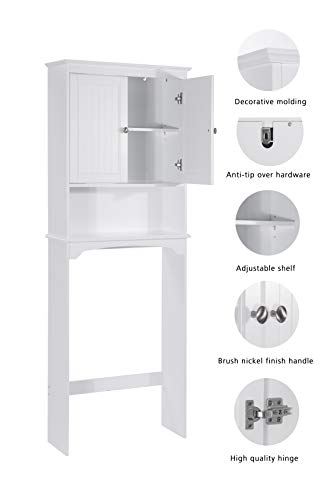 Spirich Over The Toilet Storage Cabinet with Doors, Bathroom Organizer | White, Adjustable Shelf, Anti-Tip Fitting, FSC-Certified MDF, Beadboard Design, 33.3" Toilet Clearance, Adjustable Crossbar