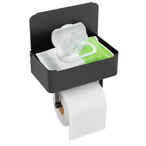 JUYSON Toilet Paper Holder, Toilet Paper Holder with Shelf, Matte Black | Wall Mount, SUS304 Stainless Steel, Flushable Wipes Dispenser, Easy Installation, for Bathroom Wipe Storage
