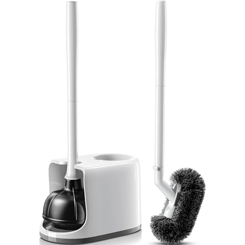 HAMITOR Toilet Plunger Brush Set: Curved Bristles Design for Deep Cleaning | Deep Cleaning Under Rim, Heavy Duty Rubber for Unclog- Compact Bathroom Cleaning Tools for New Homet Essentials - White