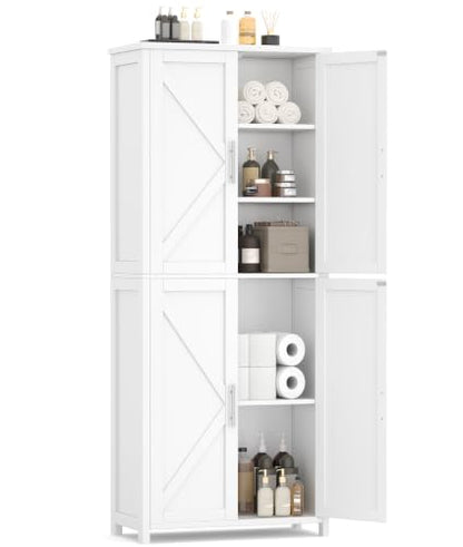 63''H Tall Bathroom Storage Cabinet Adjustable Shelf White | Floor Cabinet with Barn Doors, Adjustable Shelf, Linen Pantry Cabinet for Kitchen, Laundry Room, Living Room, Entryway