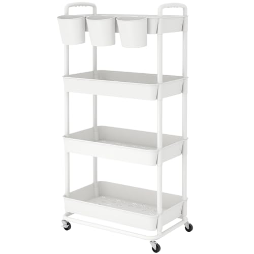 4-Tier Plastic Rolling Storage Cart Utility Cart White | Utility Cart with Extra Hanging Cups Arc-Shaped Handles Lockable Wheels for Living Room Bathroom Kitchen Office