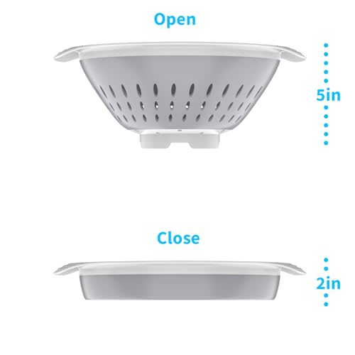 5 Quart Collapsible Colander，BPA Free，Dishwasher Safe，Silicone Food Strainer with Plastic Handles，Heavy Duty Foldable Heat Resistant Pasta and Veggies Kitchen Drainer Steam Basket，Gray