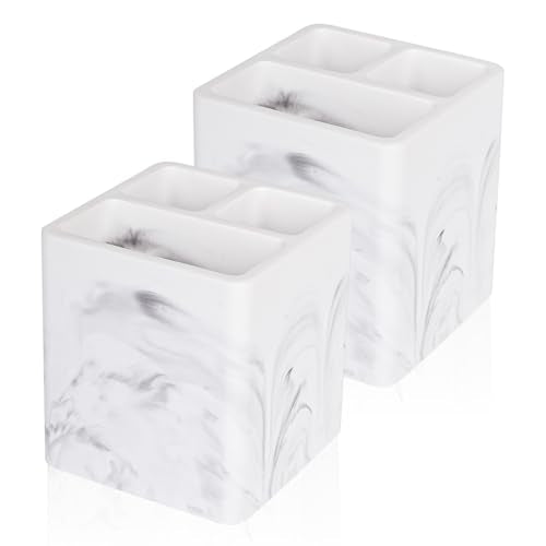 Diatomite Toothbrush Holders Tooth Brush Organizer, 2 Pack, Marble White | Water-Absorbent Material, 3 Slots for Electric Toothbrush and Toothpaste, for Bathroom Countertop, Shower, Vanity