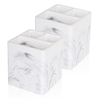 Diatomite Toothbrush Holders Tooth Brush Organizer, 2 Pack, Marble White | Water-Absorbent Material, 3 Slots for Electric Toothbrush and Toothpaste, for Bathroom Countertop, Shower, Vanity